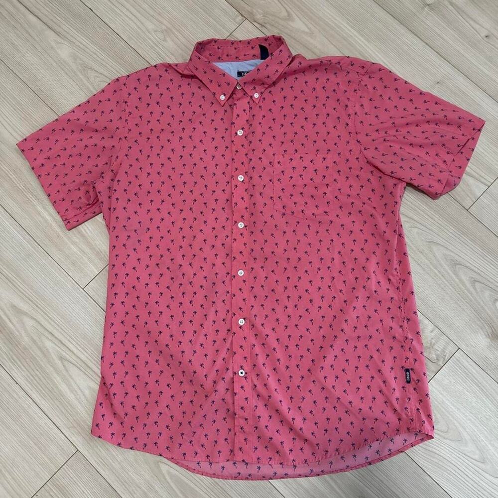 IZOD Men’s Pink Palm Tree Button Up Shirt Short Sleeve XL Casual Tropical